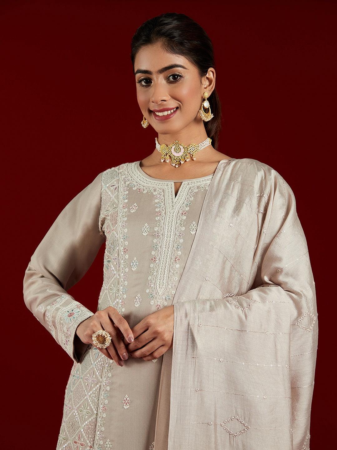 Libas Art Taupe Embroidered Silk Blend A-Line Kurta With Trousers & Dupatta