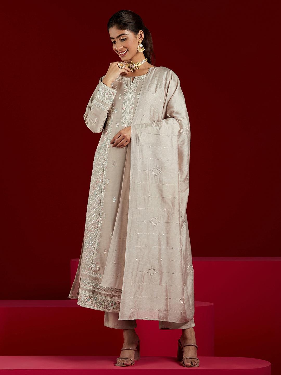 Libas Art Taupe Embroidered Silk Blend A-Line Kurta With Trousers & Dupatta