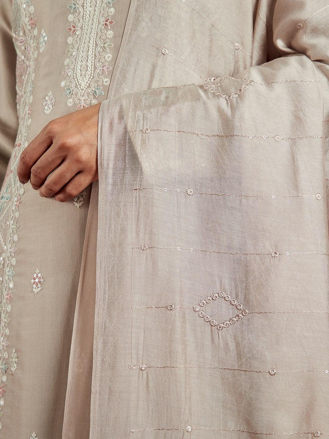 Libas Art Taupe Embroidered Silk Blend A-Line Kurta With Trousers & Dupatta