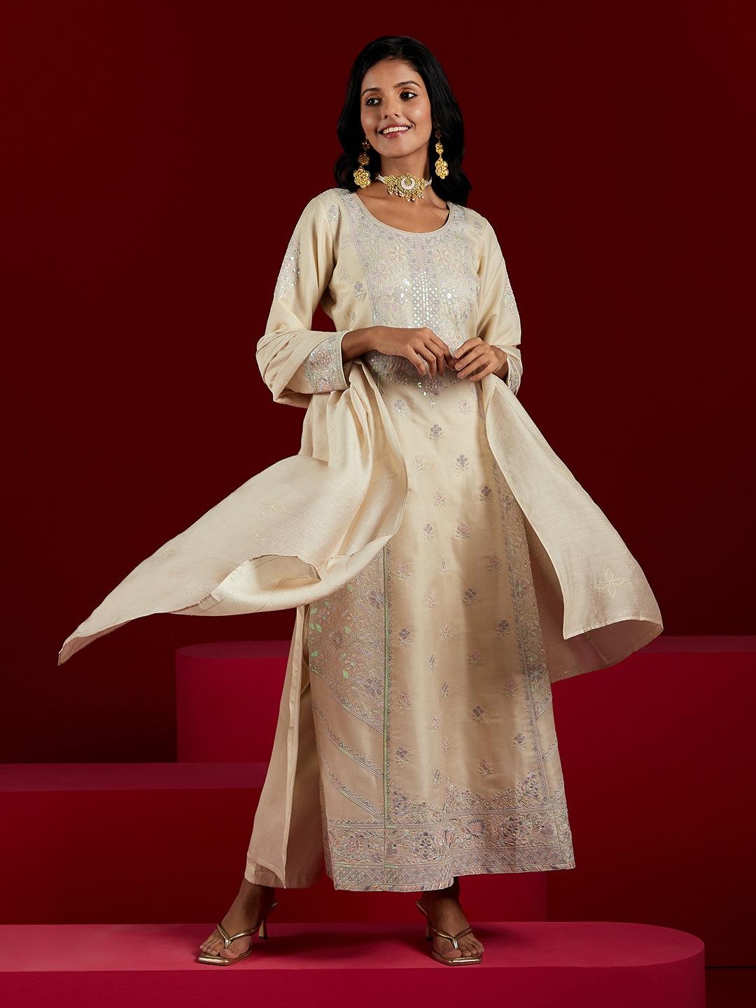 Libas Art Cream Embroidered Silk Blend A-Line Kurta With Trousers & Dupatta