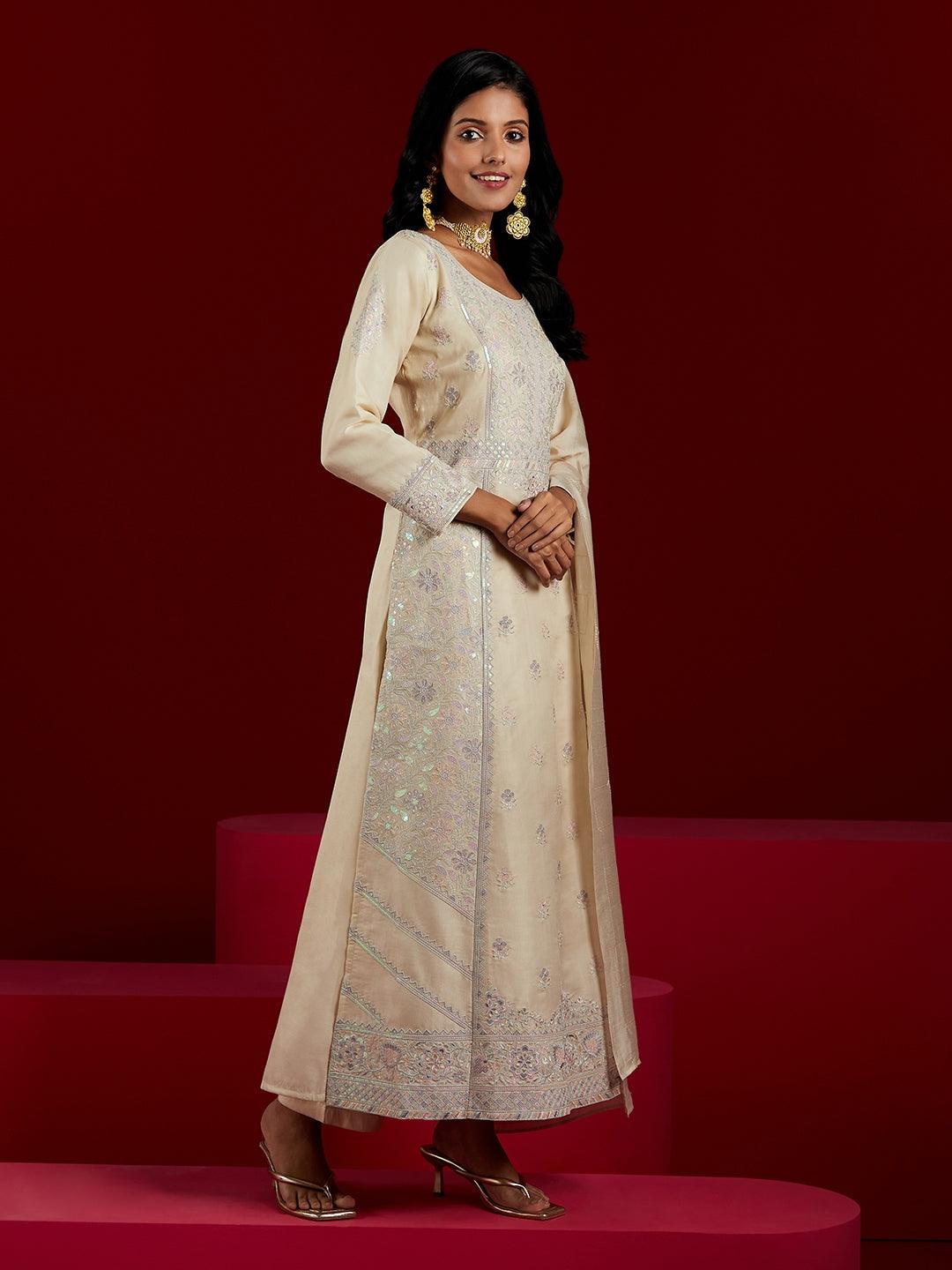 Libas Art Cream Embroidered Silk Blend A-Line Kurta With Trousers & Dupatta