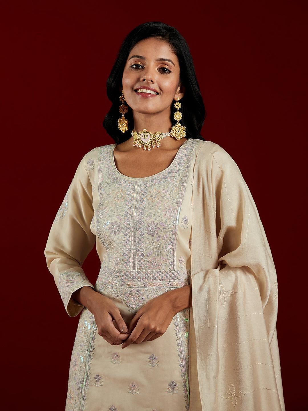 Libas Art Cream Embroidered Silk Blend A-Line Kurta With Trousers & Dupatta