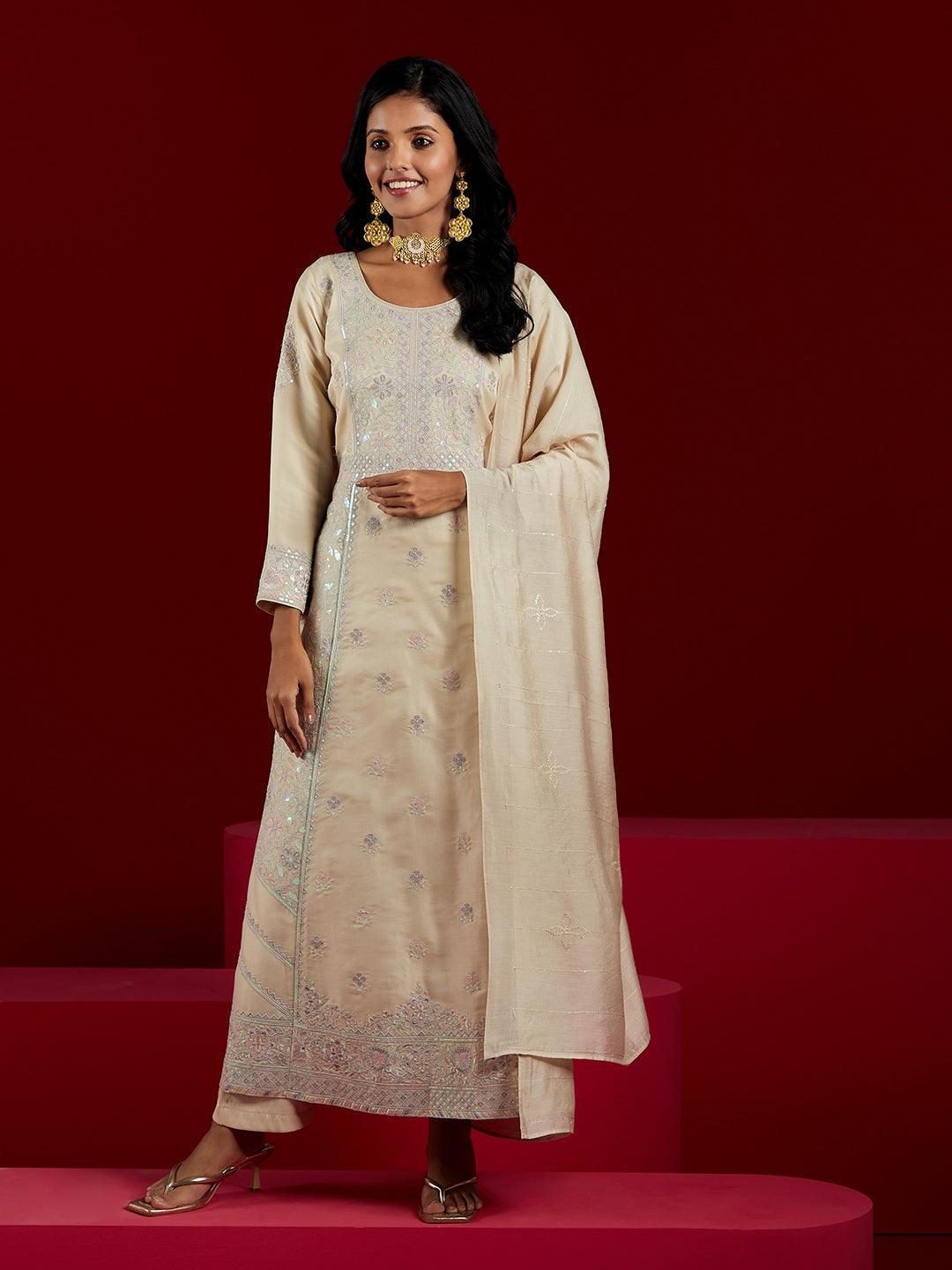 Libas Art Cream Embroidered Silk Blend A-Line Kurta With Trousers & Dupatta