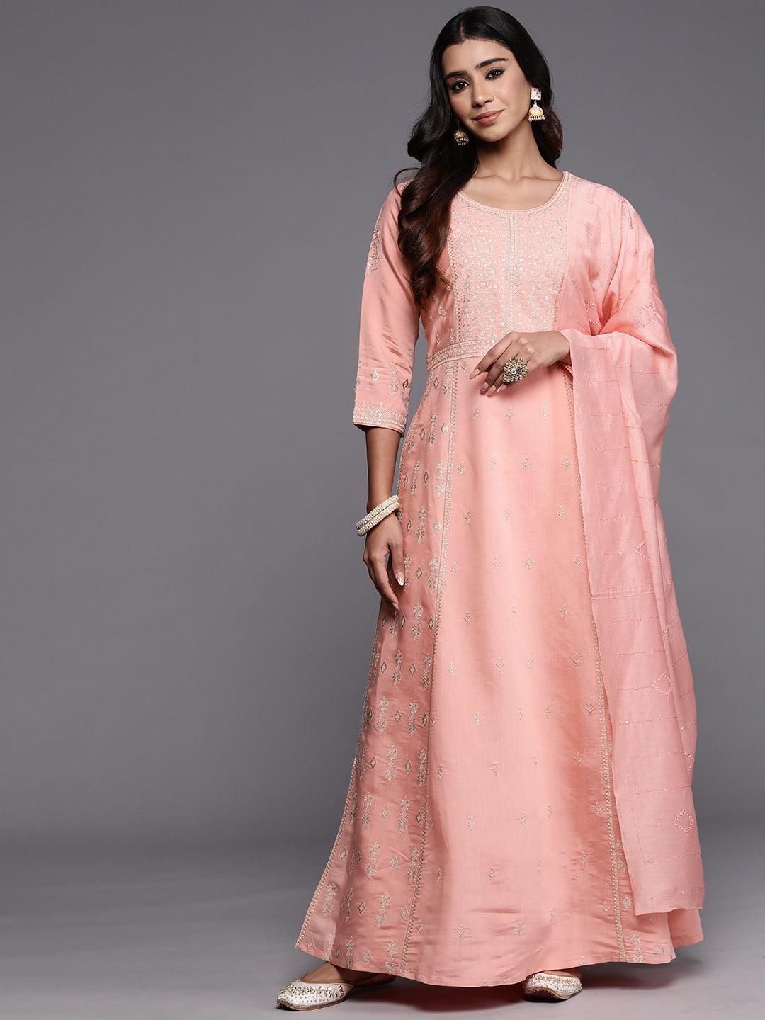 Libas Art Pink Embroidered Silk Blend A-Line Kurta With Trousers & Dupatta