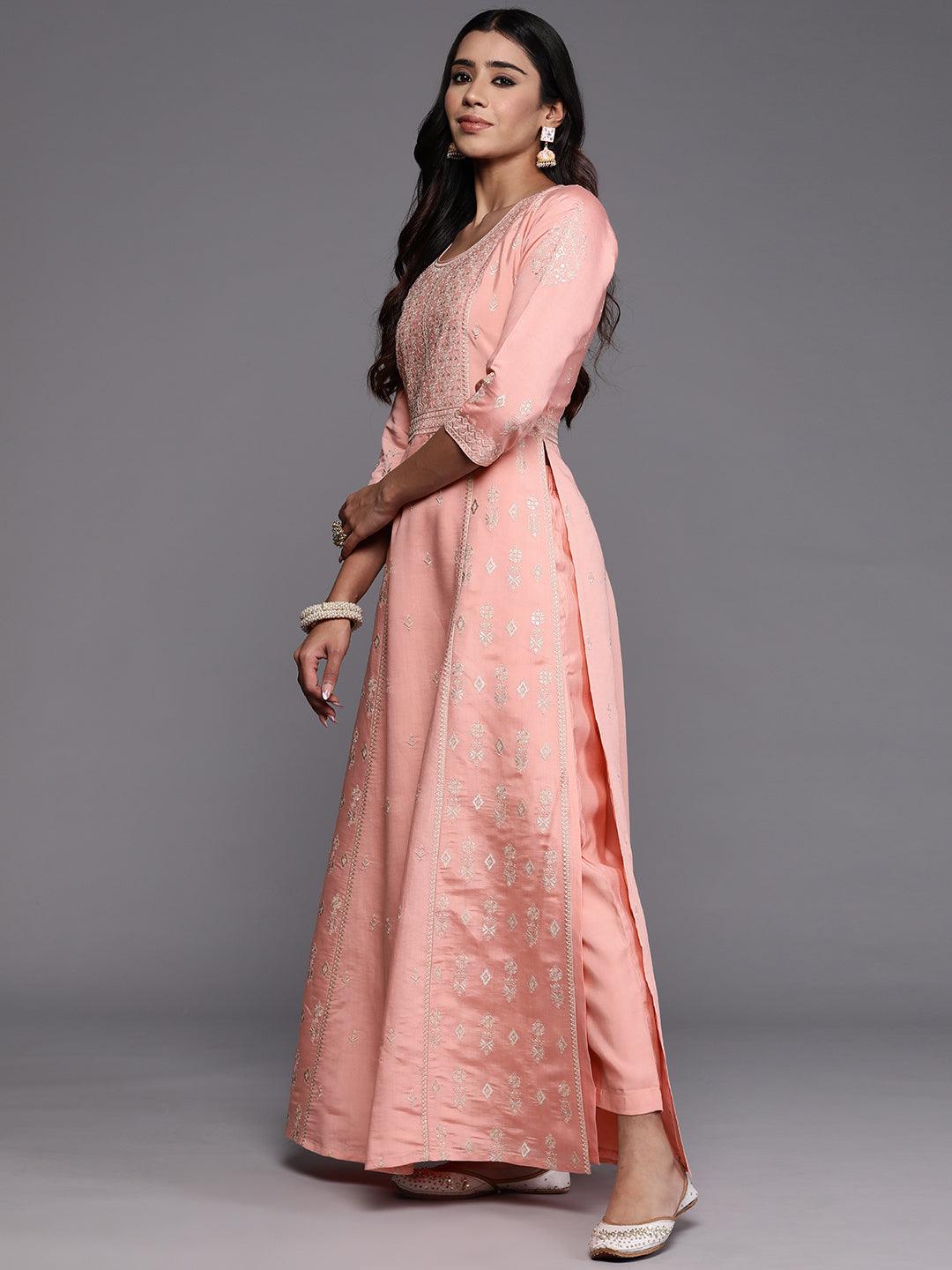 Libas Art Pink Embroidered Silk Blend A-Line Kurta With Trousers & Dupatta