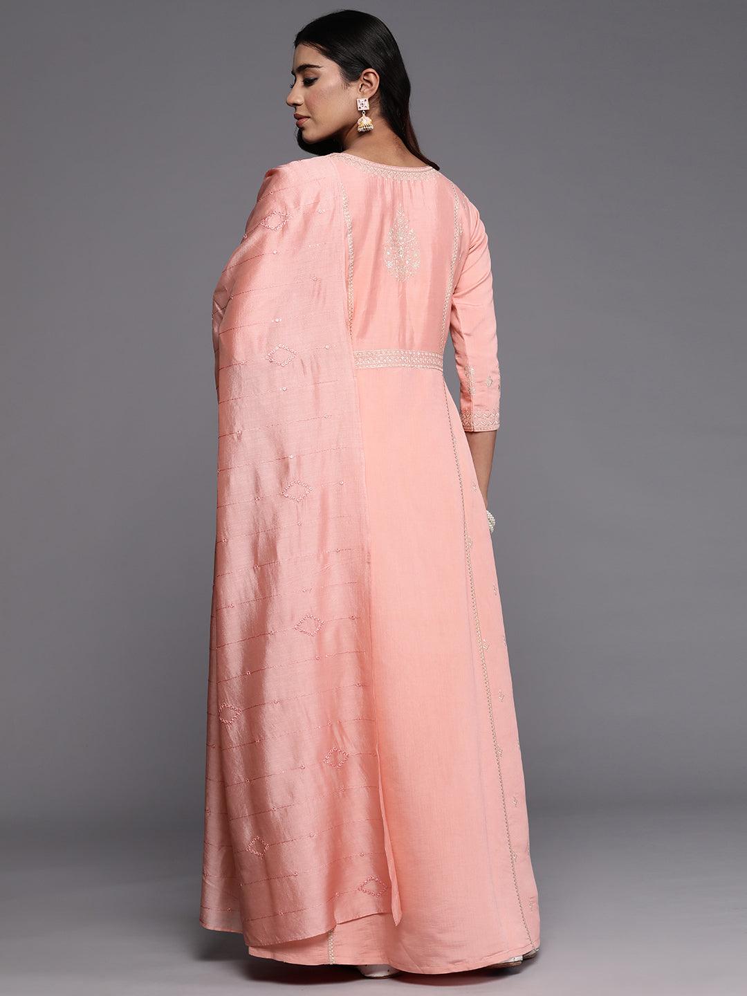 Libas Art Pink Embroidered Silk Blend A-Line Kurta With Trousers & Dupatta