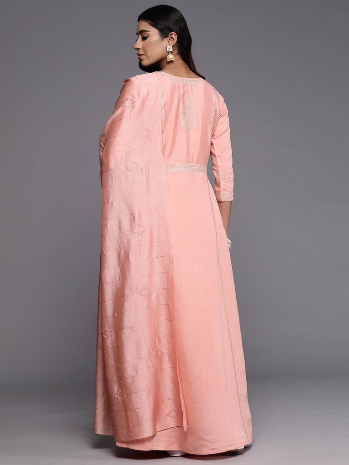 Libas Art Pink Embroidered Silk Blend A-Line Kurta With Trousers & Dupatta - ShopLibas