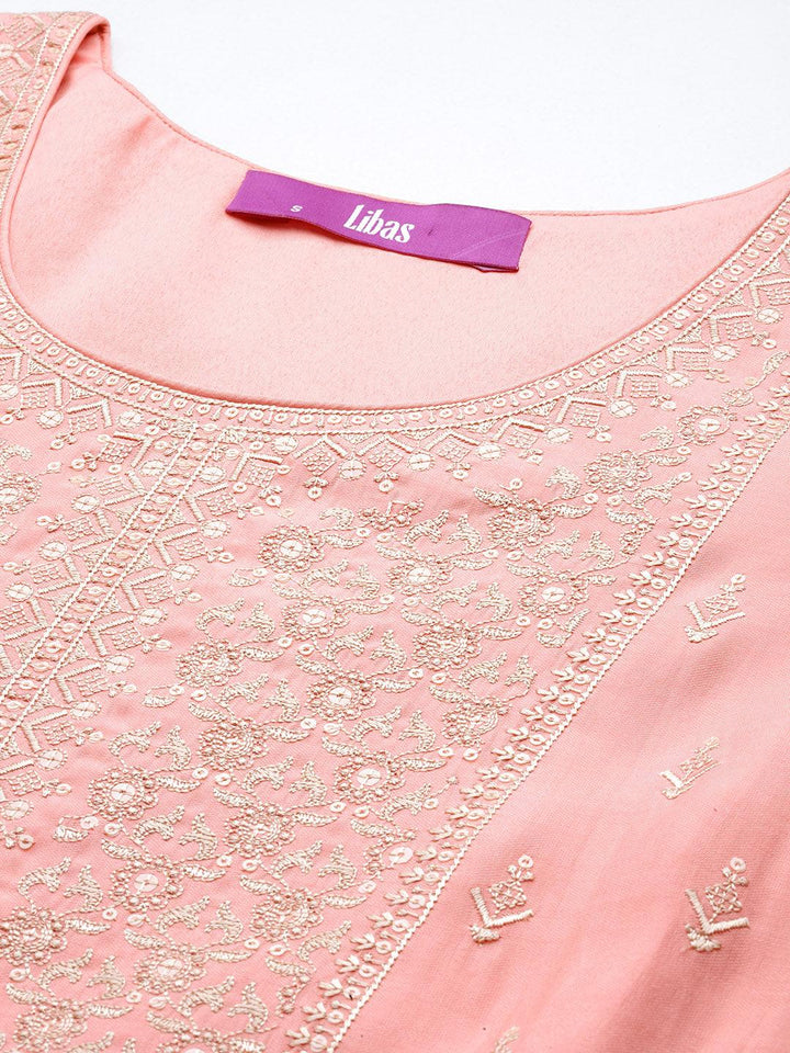 Libas Art Pink Embroidered Silk Blend A-Line Kurta With Trousers & Dupatta - ShopLibas