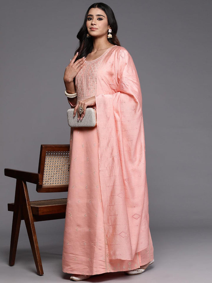 Libas Art Pink Embroidered Silk Blend A-Line Kurta With Trousers & Dupatta - ShopLibas