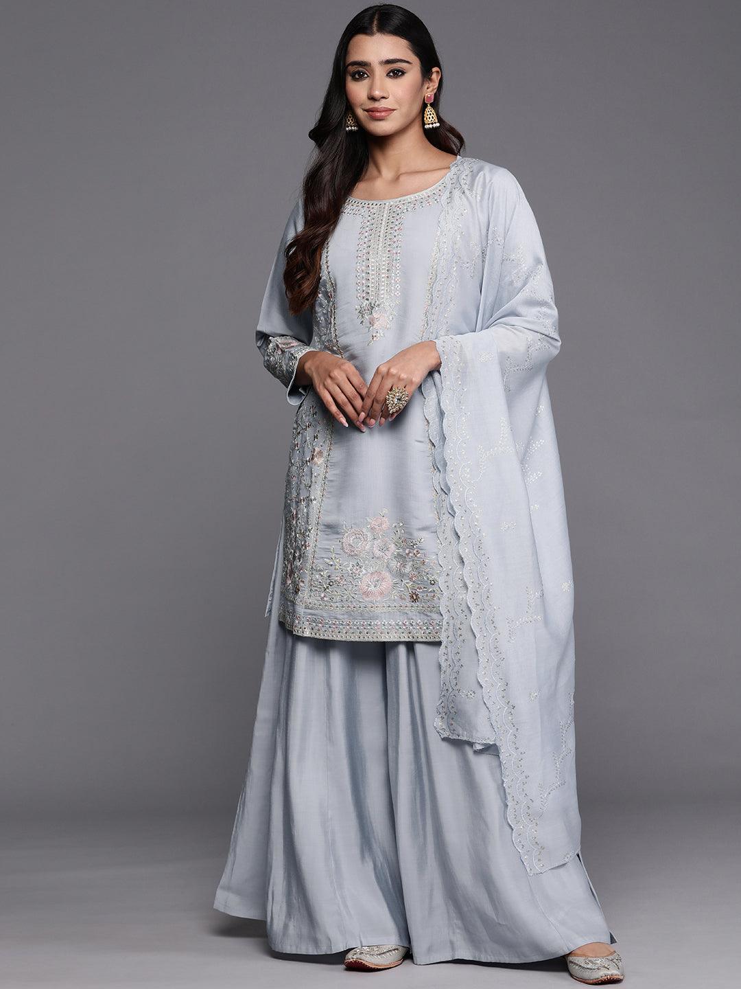 Libas Art Powder Blue Embroidered Silk Blend Straight Kurta With Palazzos & Dupatta - ShopLibas