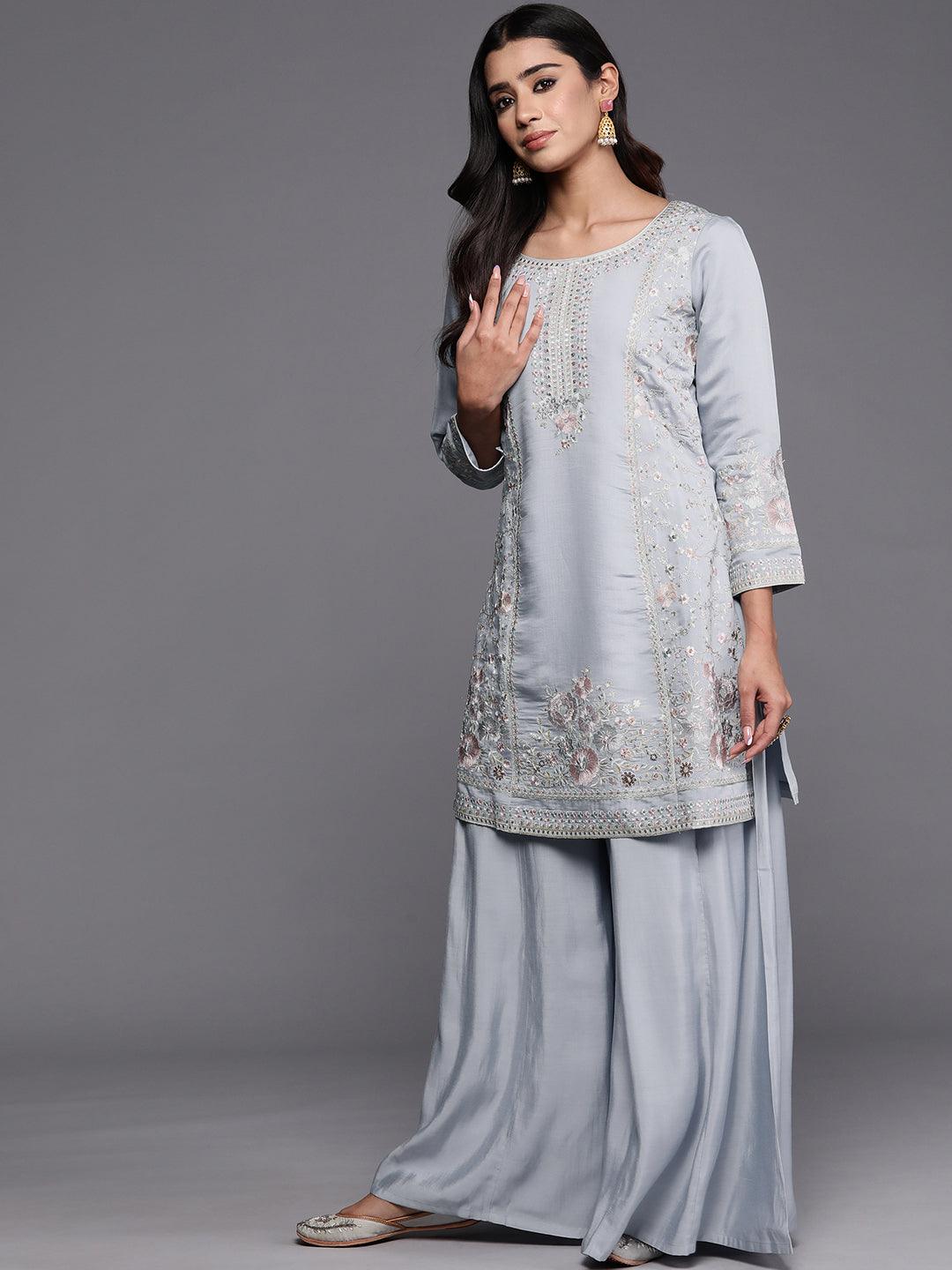 Libas Art Powder Blue Embroidered Silk Blend Straight Kurta With Palazzos & Dupatta - ShopLibas