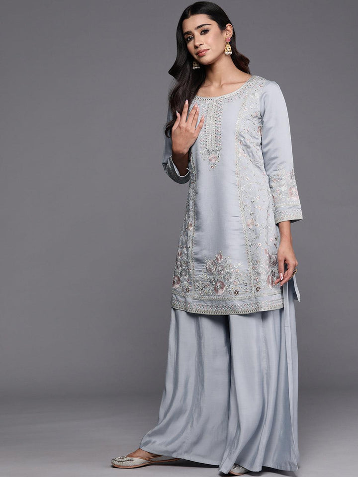 Libas Art Powder Blue Embroidered Silk Blend Straight Kurta With Palazzos & Dupatta - ShopLibas