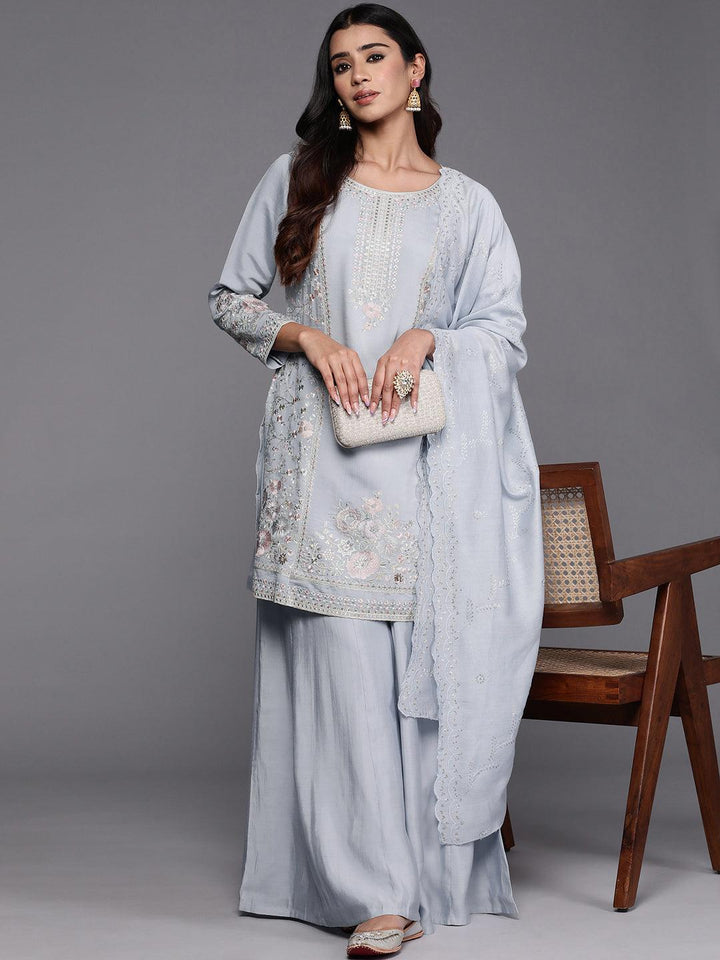 Libas Art Powder Blue Embroidered Silk Blend Straight Kurta With Palazzos & Dupatta - ShopLibas