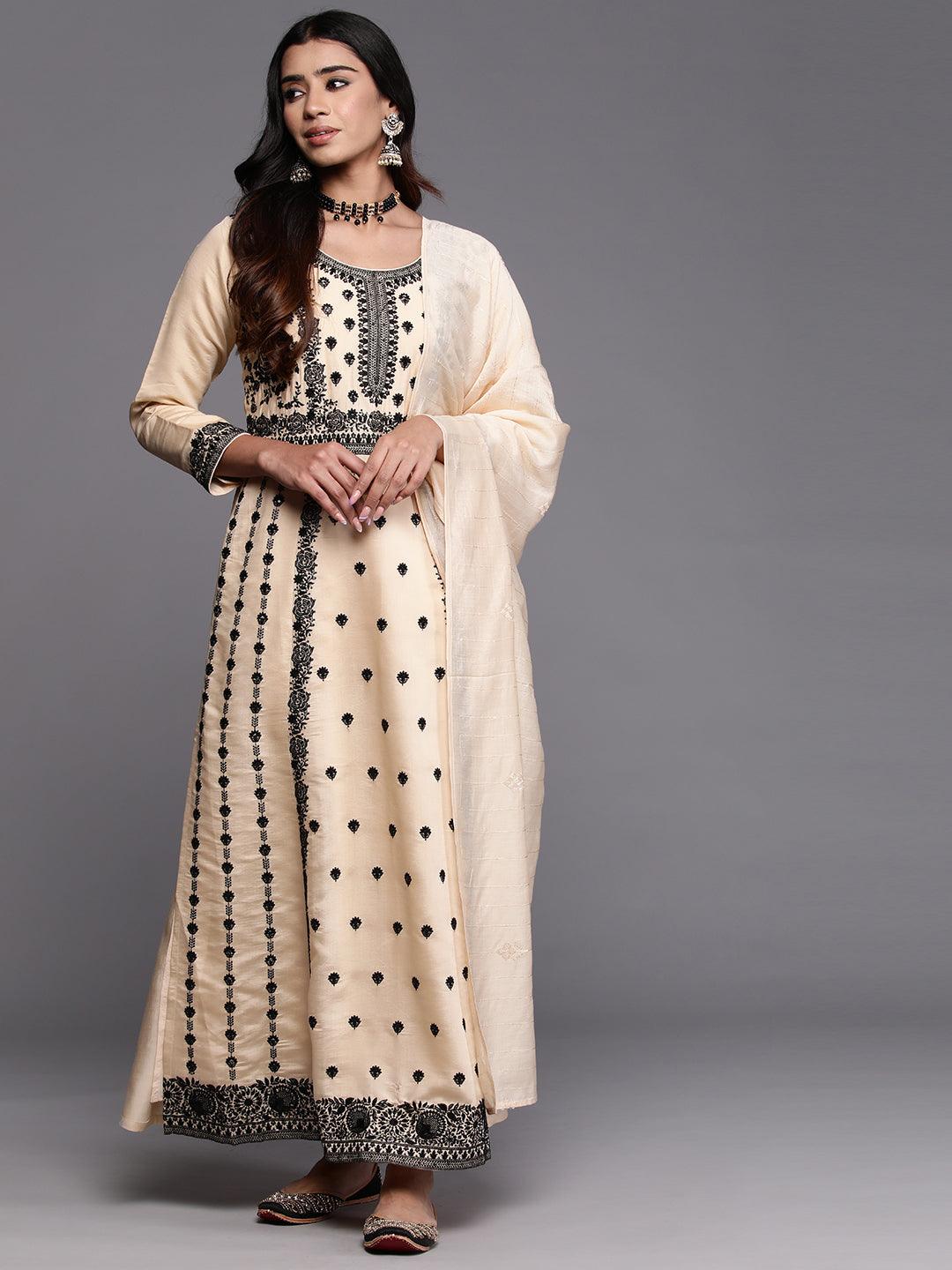 Libas Art Cream Embroidered Silk Blend A-Line Kurta With Trousers & Dupatta