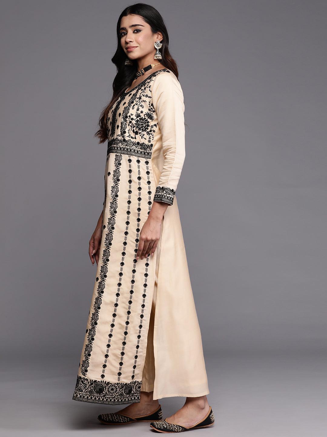 Libas Art Cream Embroidered Silk Blend A-Line Kurta With Trousers & Dupatta