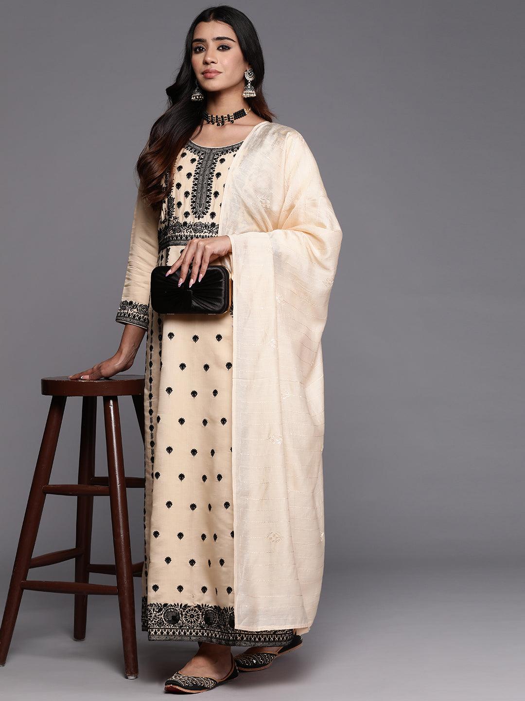 Libas Art Cream Embroidered Silk Blend A-Line Kurta With Trousers & Dupatta