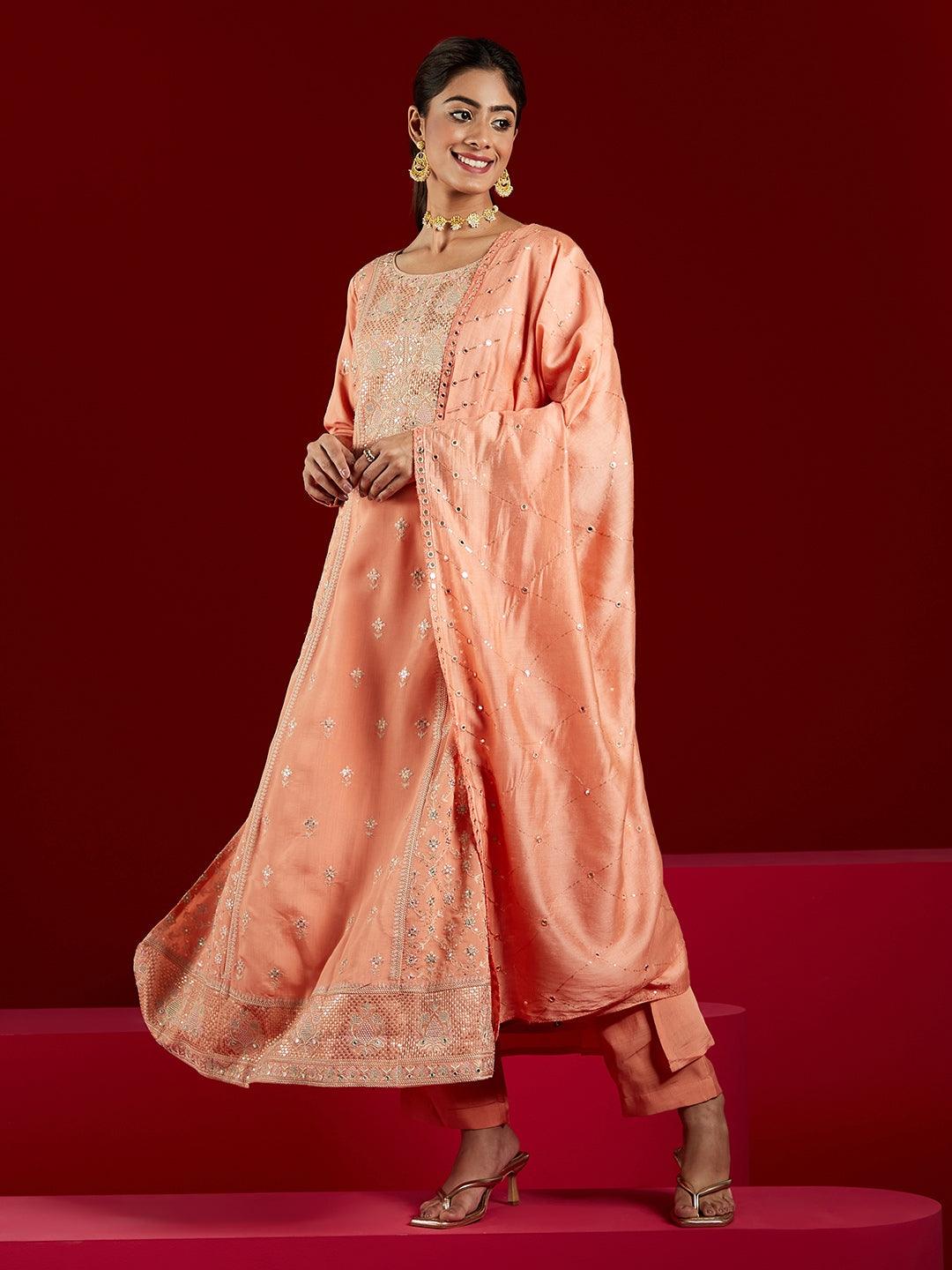 Libas Art Peach Embroidered Silk Blend A-Line Kurta With Trousers & Dupatta