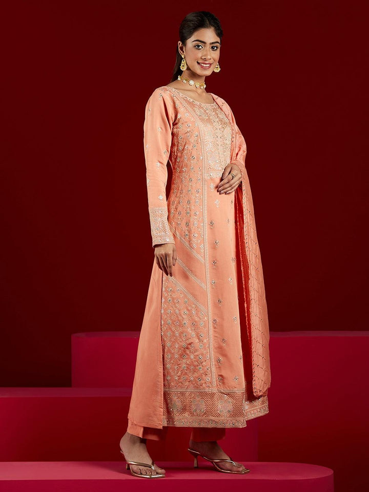 Libas Art Peach Embroidered Silk Blend A-Line Kurta With Trousers & Dupatta - ShopLibas