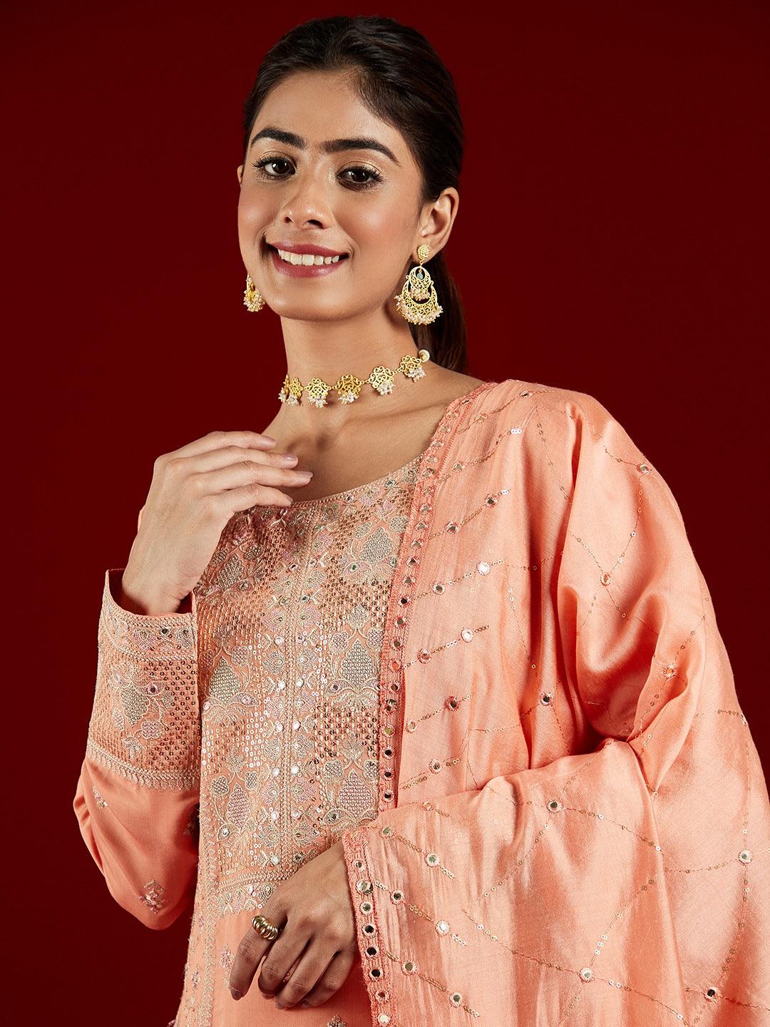 Libas Art Peach Embroidered Silk Blend A-Line Kurta With Trousers & Dupatta