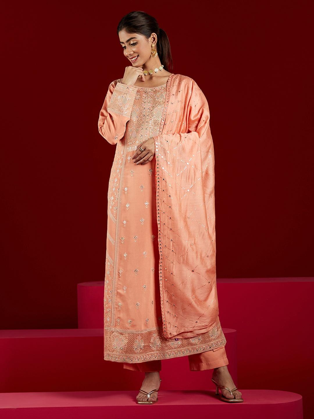 Libas Art Peach Embroidered Silk Blend A-Line Kurta With Trousers & Dupatta