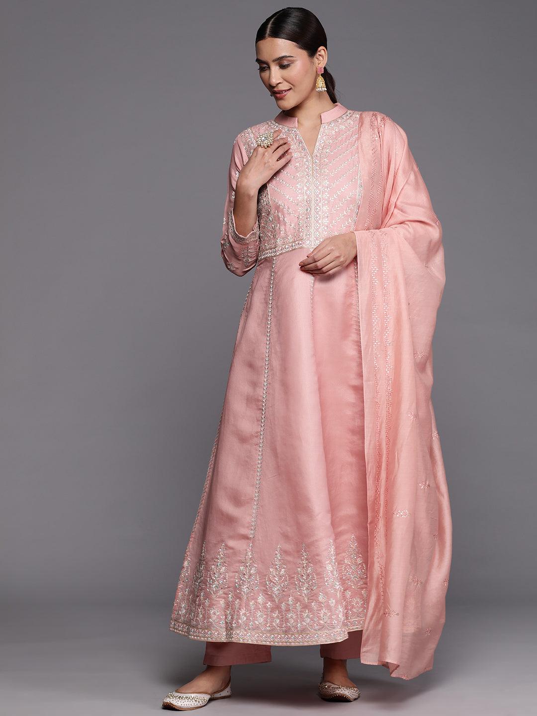 Libas Art Peach Embroidered Silk Blend A-Line Kurta With Trousers & Dupatta