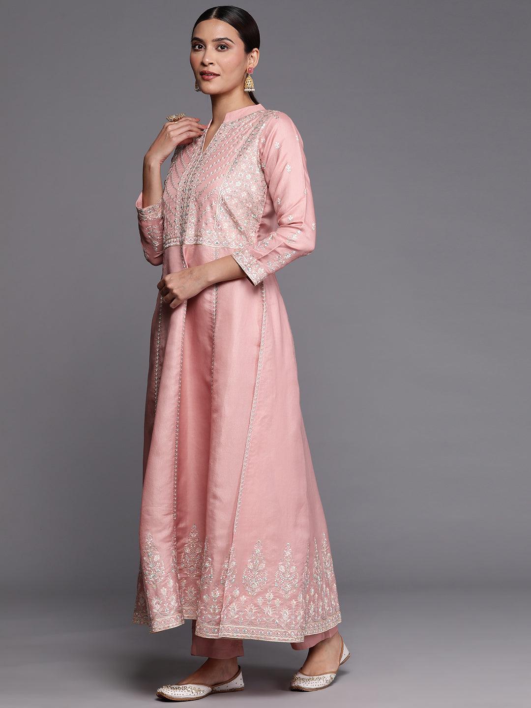 Libas Art Peach Embroidered Silk Blend A-Line Kurta With Trousers & Dupatta