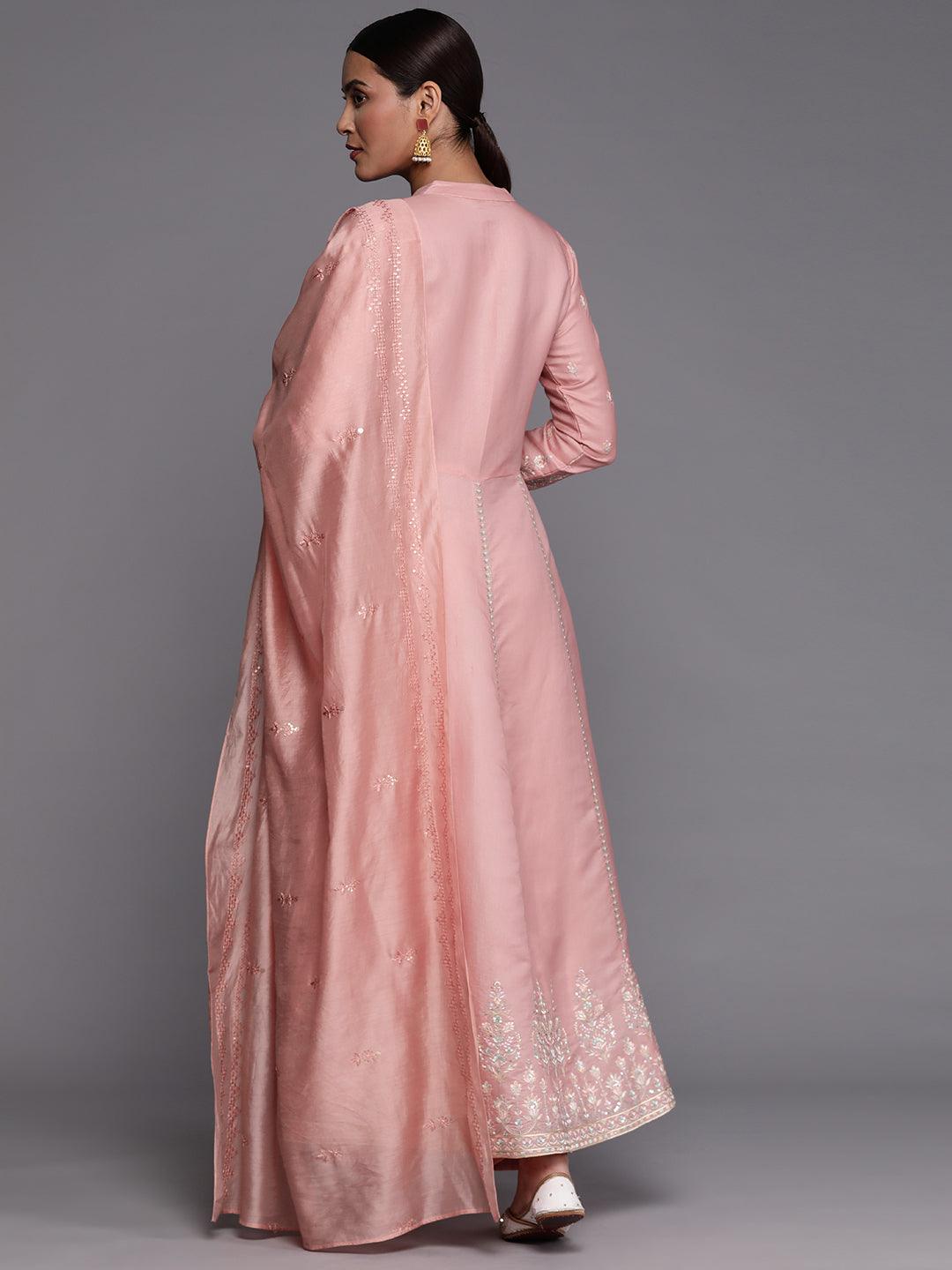 Libas Art Peach Embroidered Silk Blend A-Line Kurta With Trousers & Dupatta