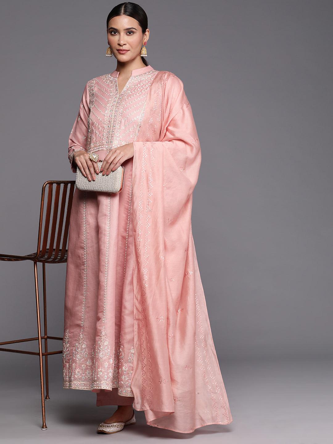 Libas Art Peach Embroidered Silk Blend A-Line Kurta With Trousers & Dupatta