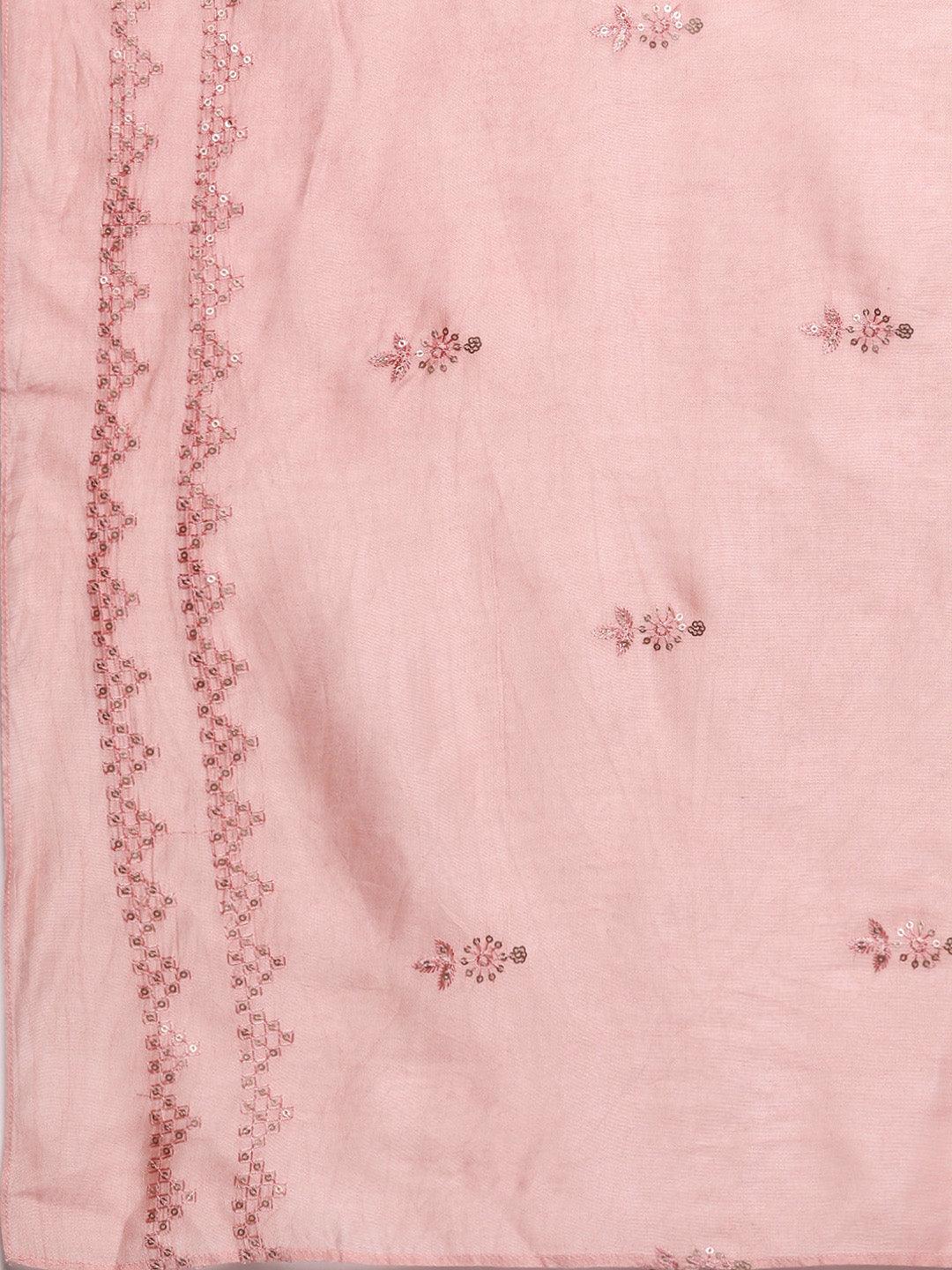 Libas Art Peach Embroidered Silk Blend A-Line Kurta With Trousers & Dupatta