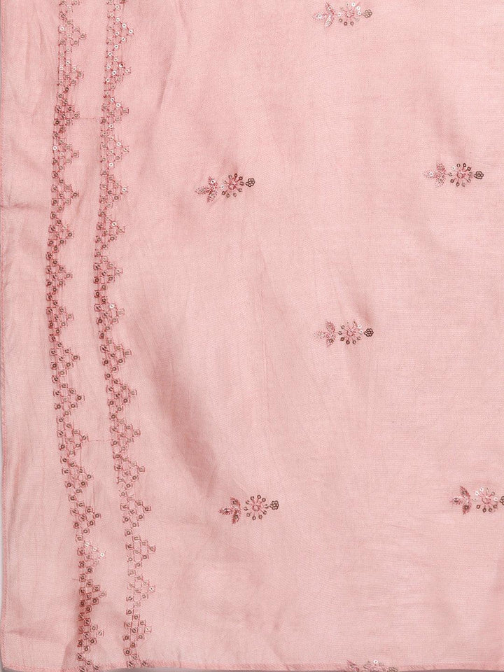 Libas Art Peach Embroidered Silk Blend A-Line Kurta With Trousers & Dupatta - ShopLibas