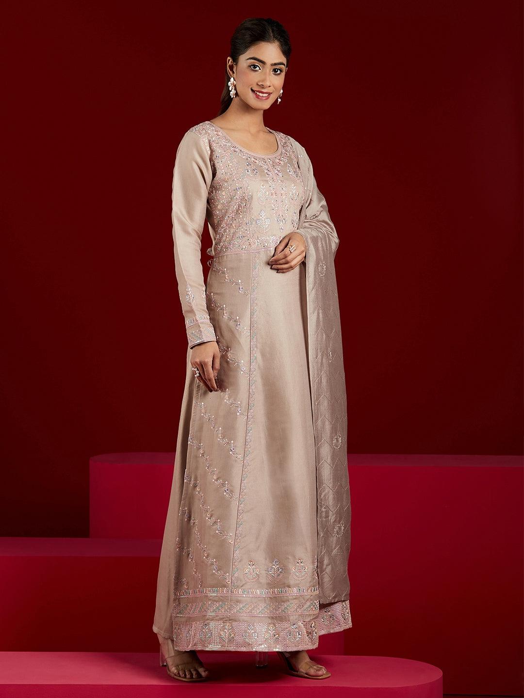 Libas Art Taupe Embroidered Silk Blend A-Line Kurta With Trousers & Dupatta