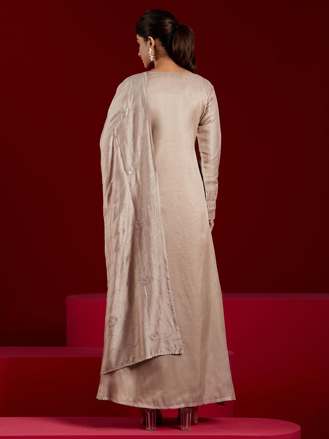 Libas Art Taupe Embroidered Silk Blend A-Line Kurta With Trousers & Dupatta