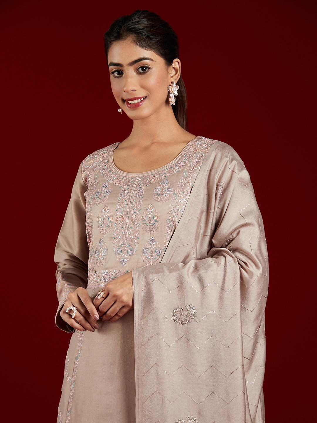 Libas Art Taupe Embroidered Silk Blend A-Line Kurta With Trousers & Dupatta