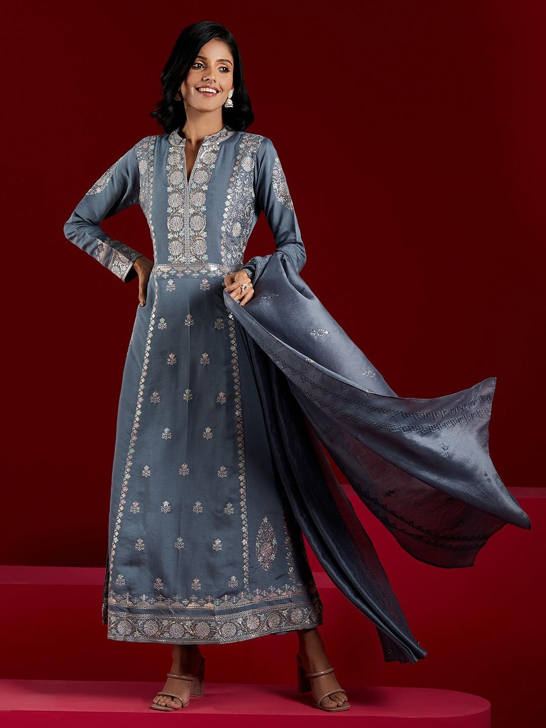 Libas Art Grey Embroidered Silk Blend A-Line Kurta With Trousers & Dupatta