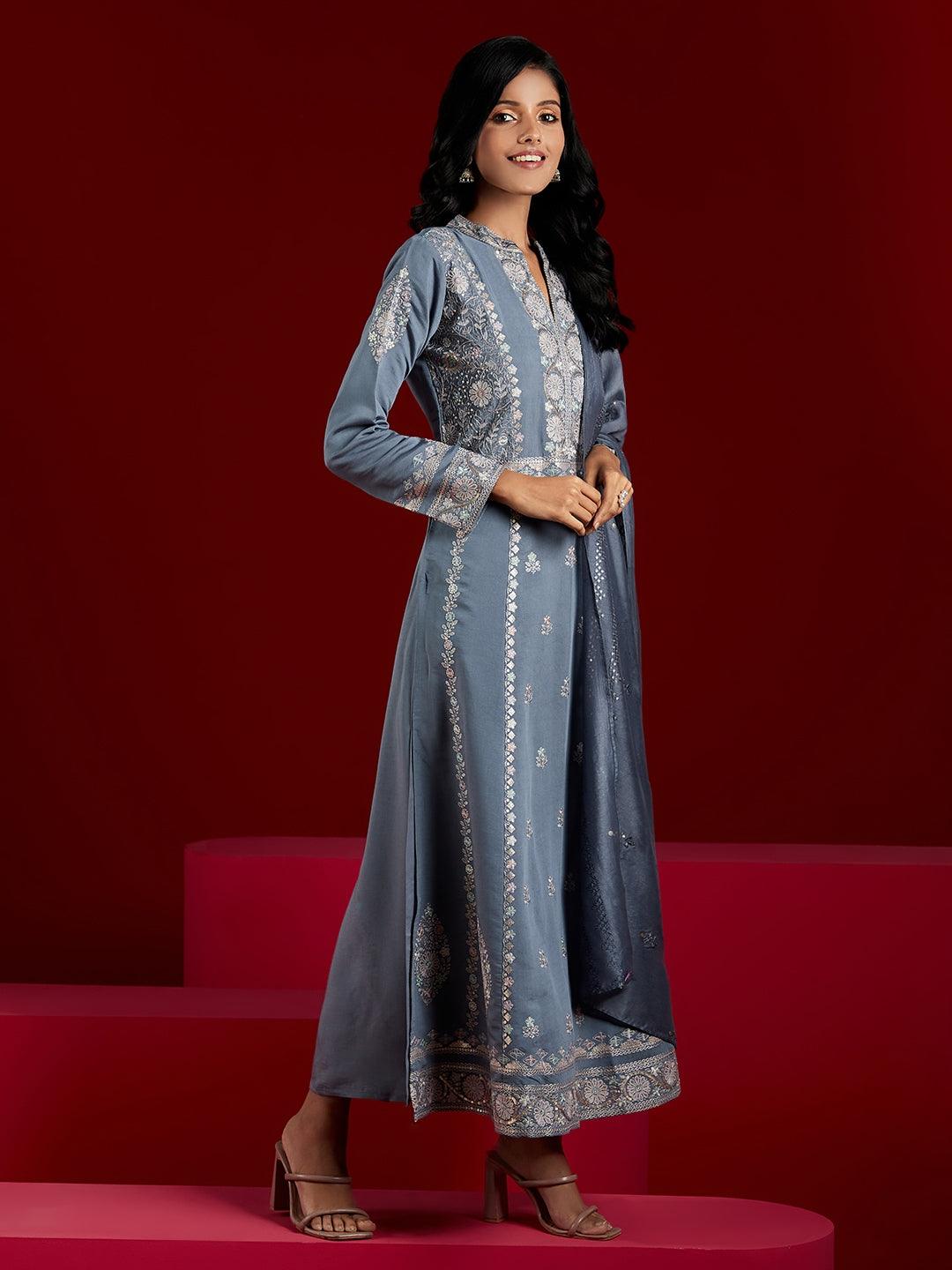 Libas Art Grey Embroidered Silk Blend A-Line Kurta With Trousers & Dupatta