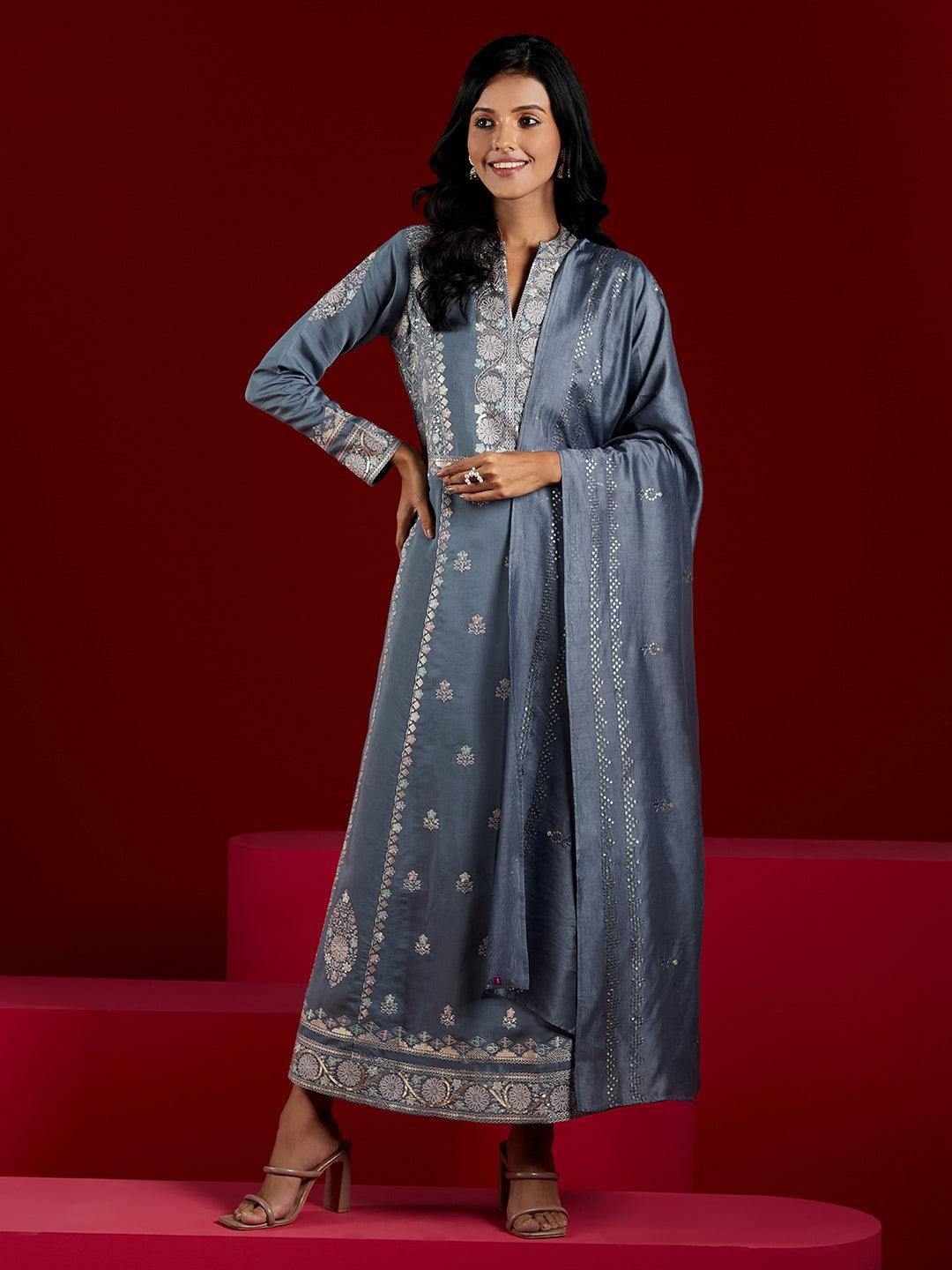 Libas Art Grey Embroidered Silk Blend A-Line Kurta With Trousers & Dupatta