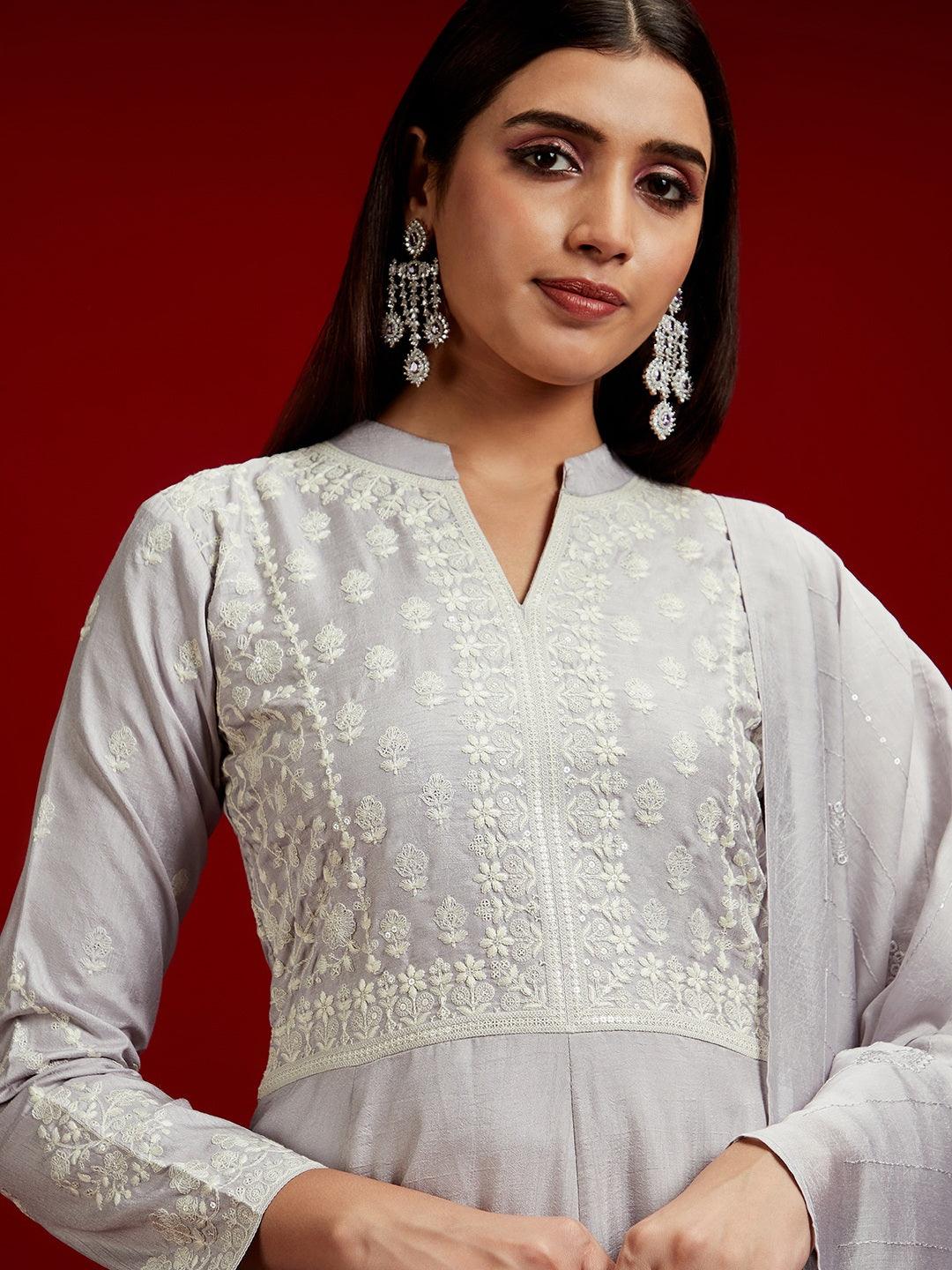 Libas Art Grey Embroidered Silk Blend A-Line Kurta With Trousers & Dupatta