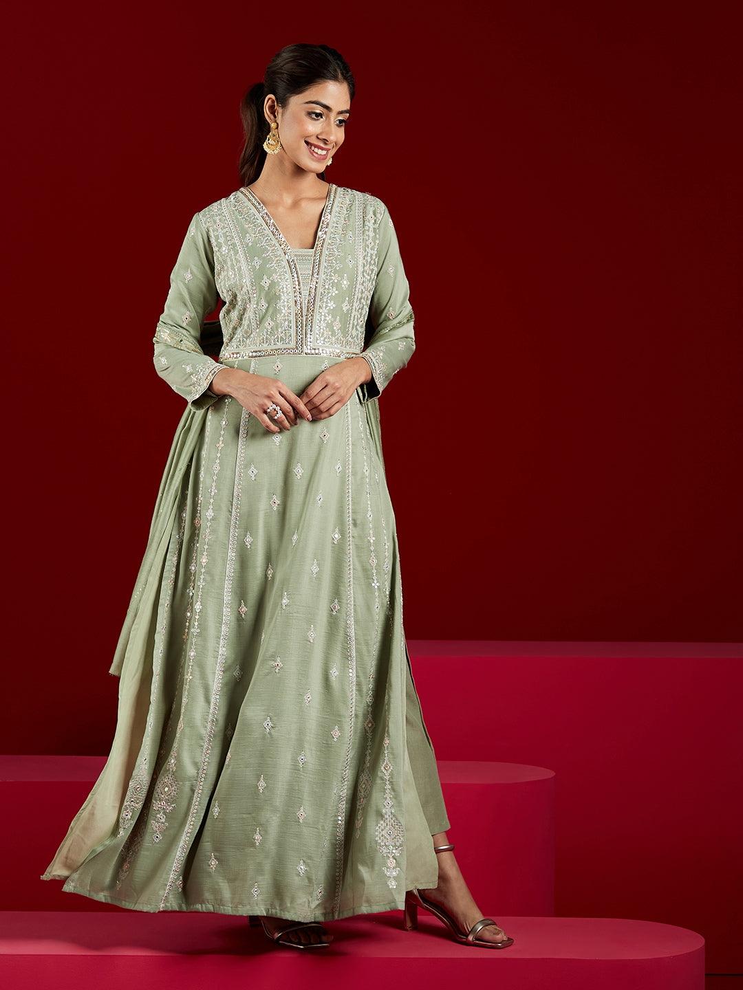 Libas Art Dusty Green Embroidered Silk Blend A-Line Kurta With Trousers & Dupatta