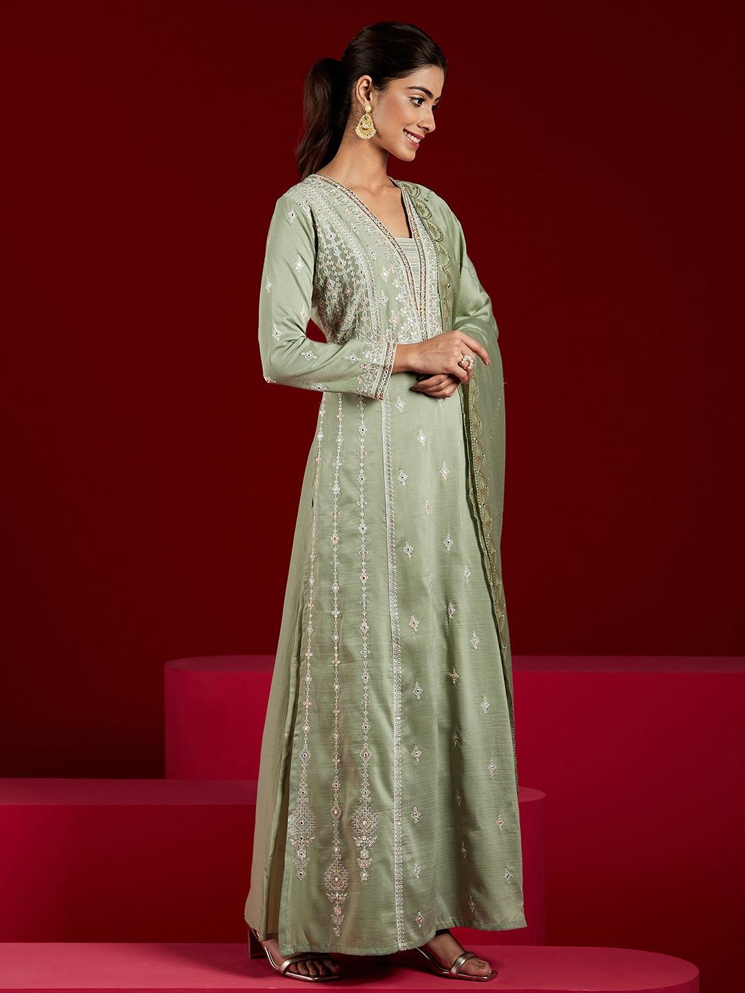 Libas Art Dusty Green Embroidered Silk Blend A-Line Kurta With Trousers & Dupatta