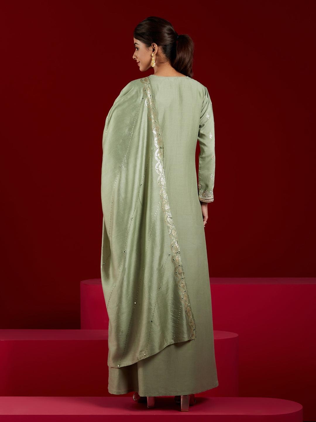 Libas Art Dusty Green Embroidered Silk Blend A-Line Kurta With Trousers & Dupatta