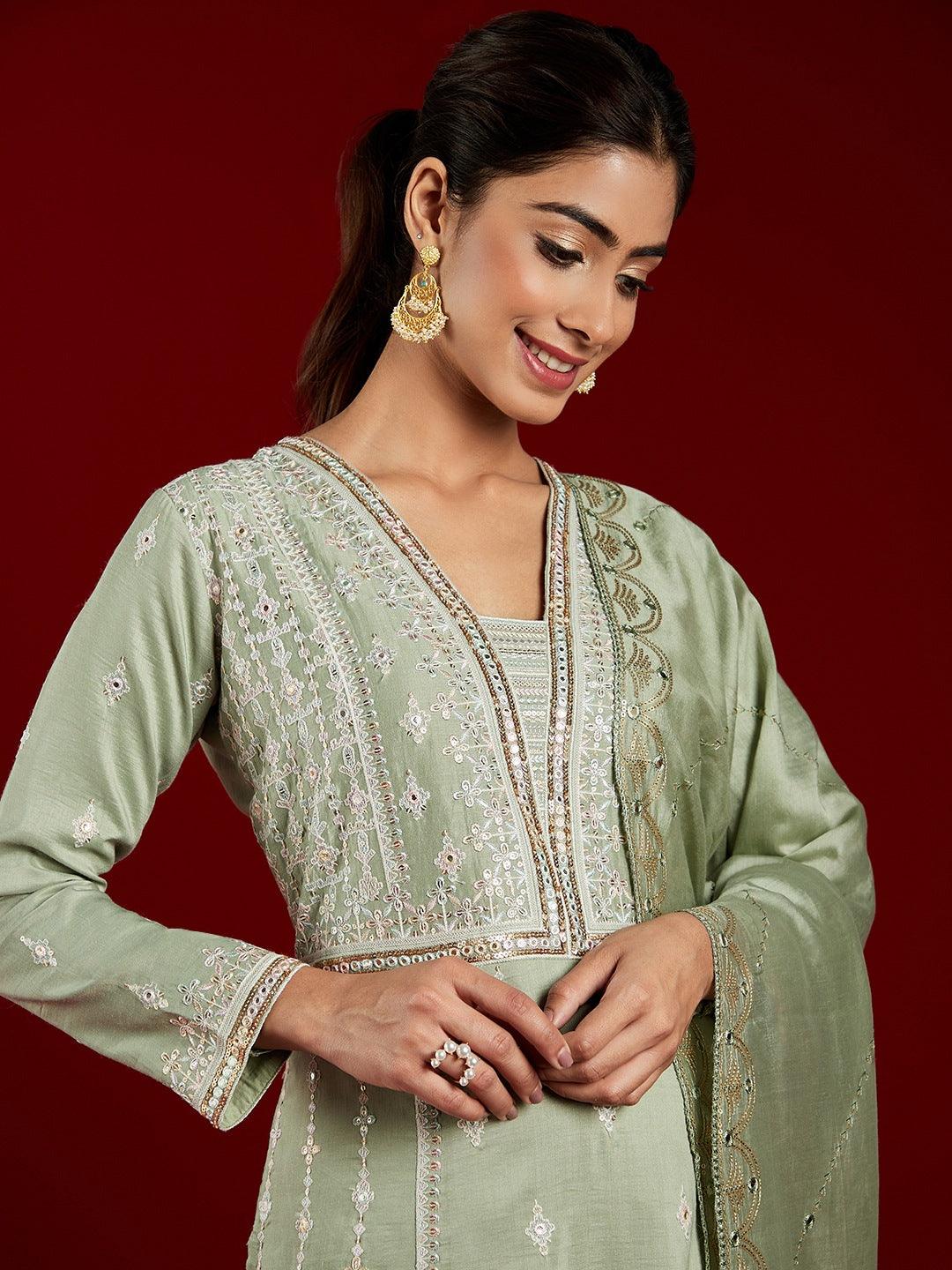 Libas Art Dusty Green Embroidered Silk Blend A-Line Kurta With Trousers & Dupatta