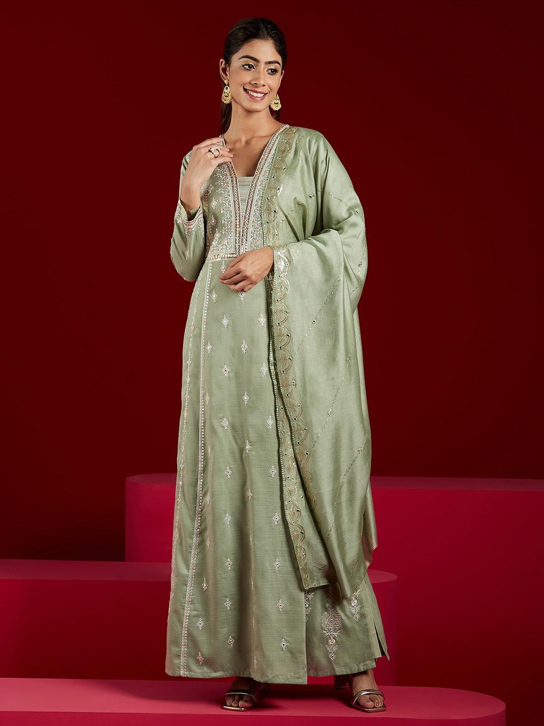 Libas Art Dusty Green Embroidered Silk Blend A-Line Kurta With Trousers & Dupatta