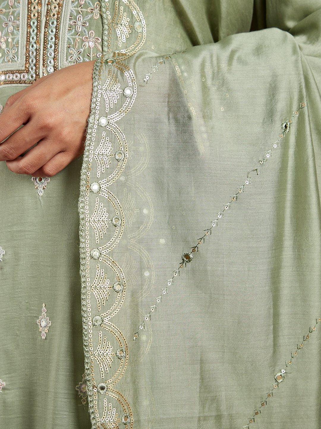 Libas Art Dusty Green Embroidered Silk Blend A-Line Kurta With Trousers & Dupatta