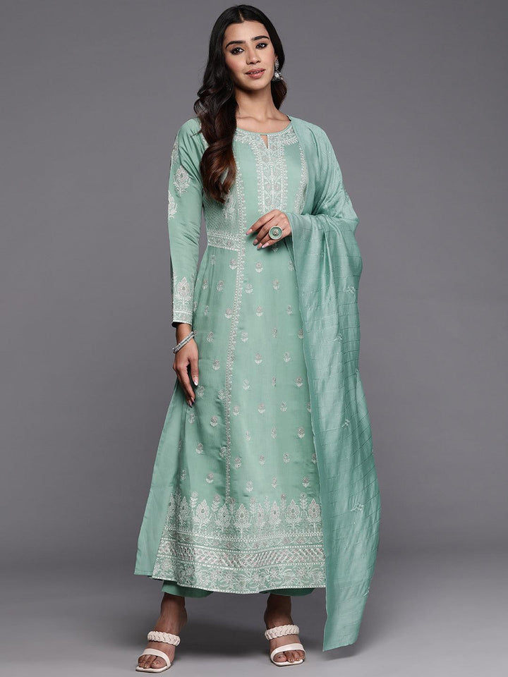 Libas Art Sea Green Embroidered Silk Blend A-Line Kurta With Trousers & Dupatta - ShopLibas