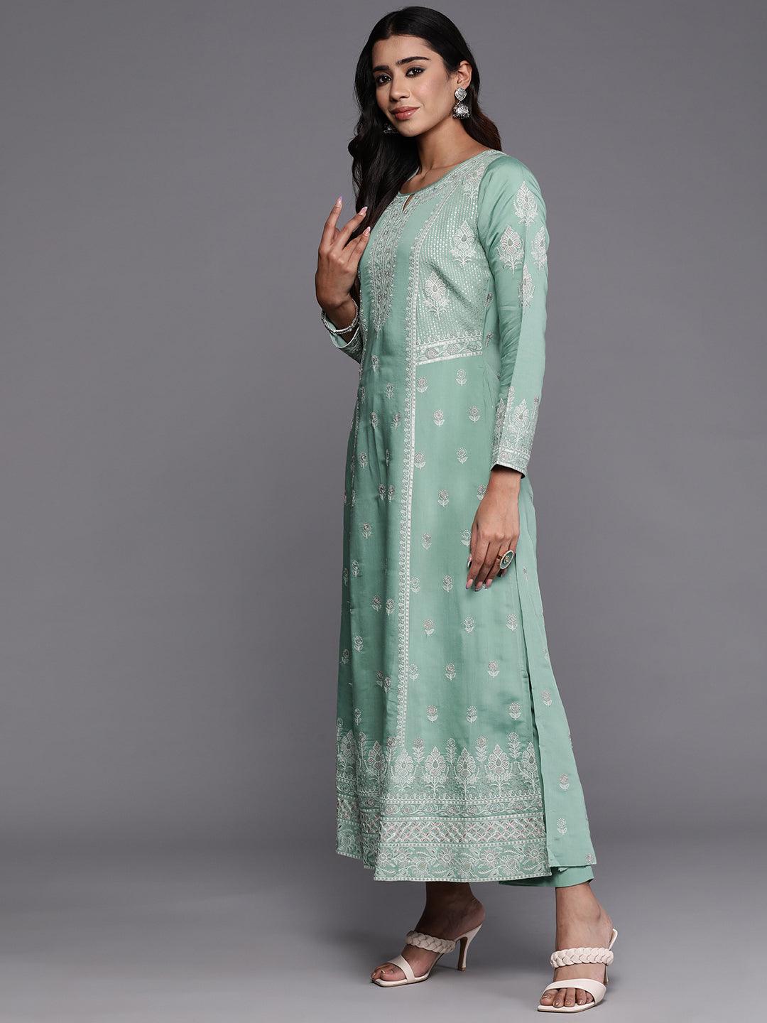 Libas Art Sea Green Embroidered Silk Blend A-Line Kurta With Trousers & Dupatta