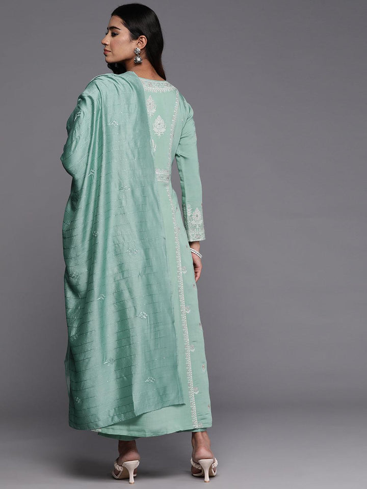 Libas Art Sea Green Embroidered Silk Blend A-Line Kurta With Trousers & Dupatta - ShopLibas