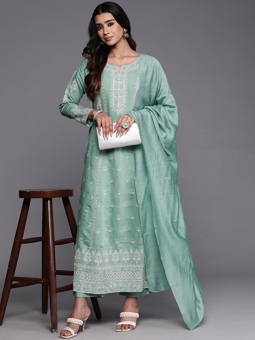 Libas Art Sea Green Embroidered Silk Blend A-Line Kurta With Trousers & Dupatta - ShopLibas