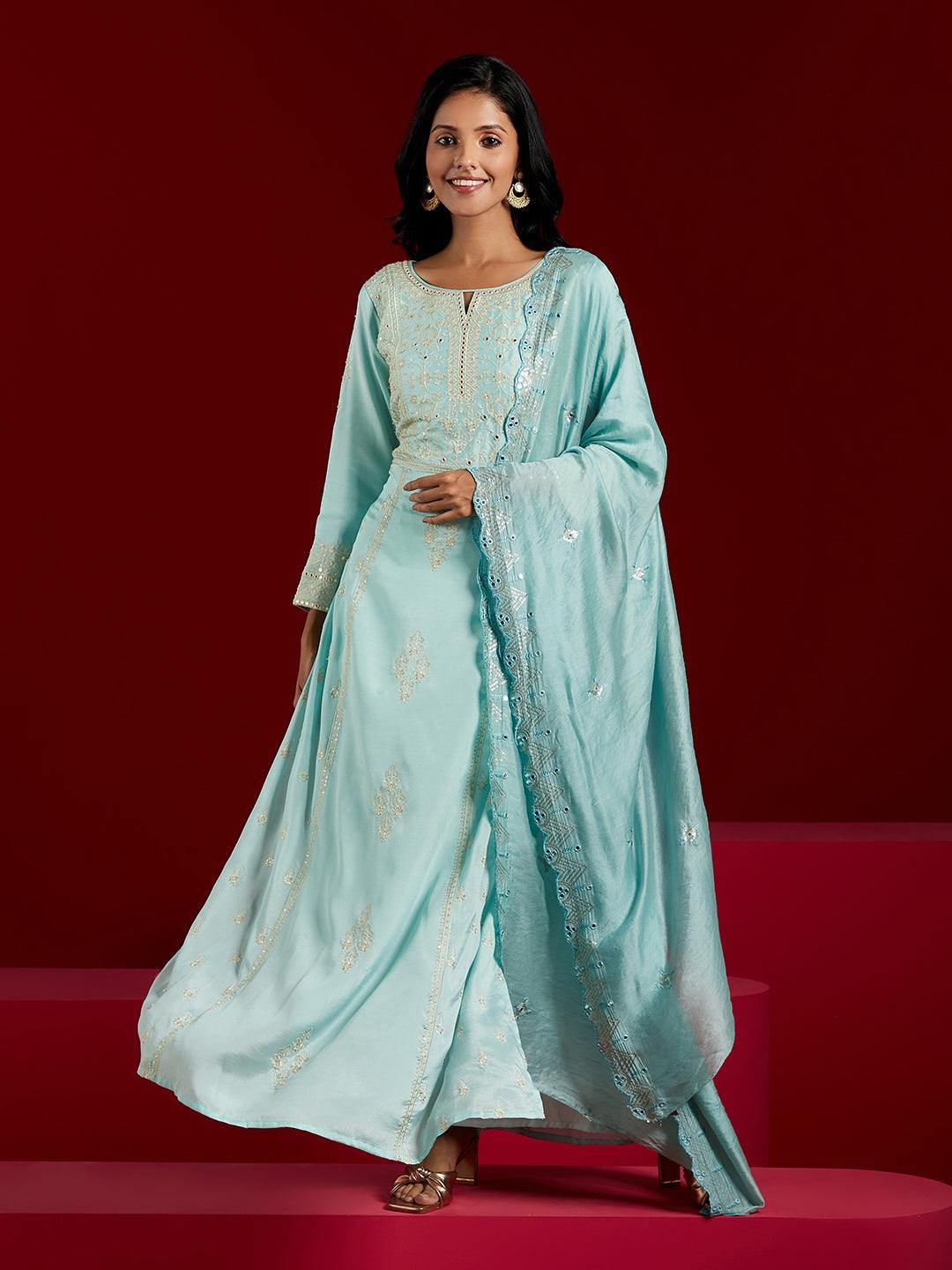 Libas Art Sea Green Embroidered Silk Blend A-Line Kurta With Trousers & Dupatta