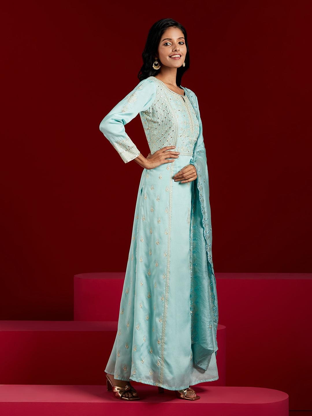 Libas Art Sea Green Embroidered Silk Blend A-Line Kurta With Trousers & Dupatta