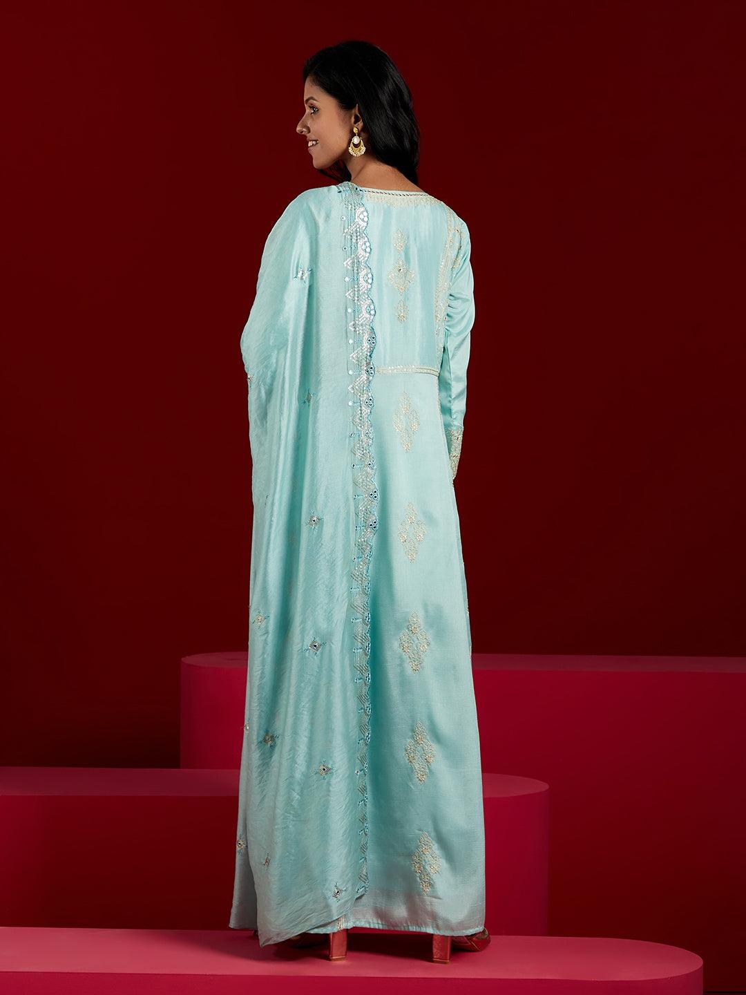 Libas Art Sea Green Embroidered Silk Blend A-Line Kurta With Trousers & Dupatta